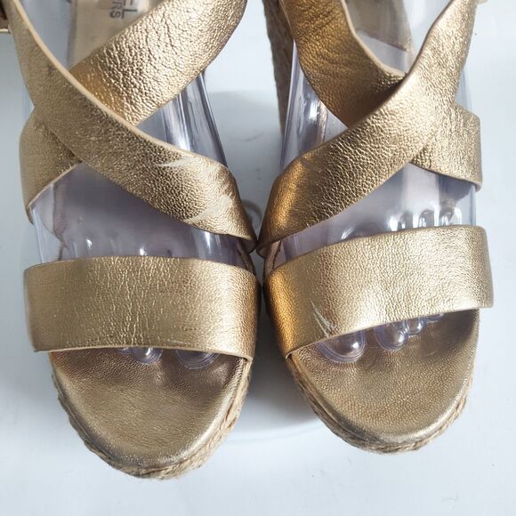 Michael Kors Espadrille Sandals Size 8.5 Platform Gold Leather Giovanna 5" Wedge - Picture 7 of 14